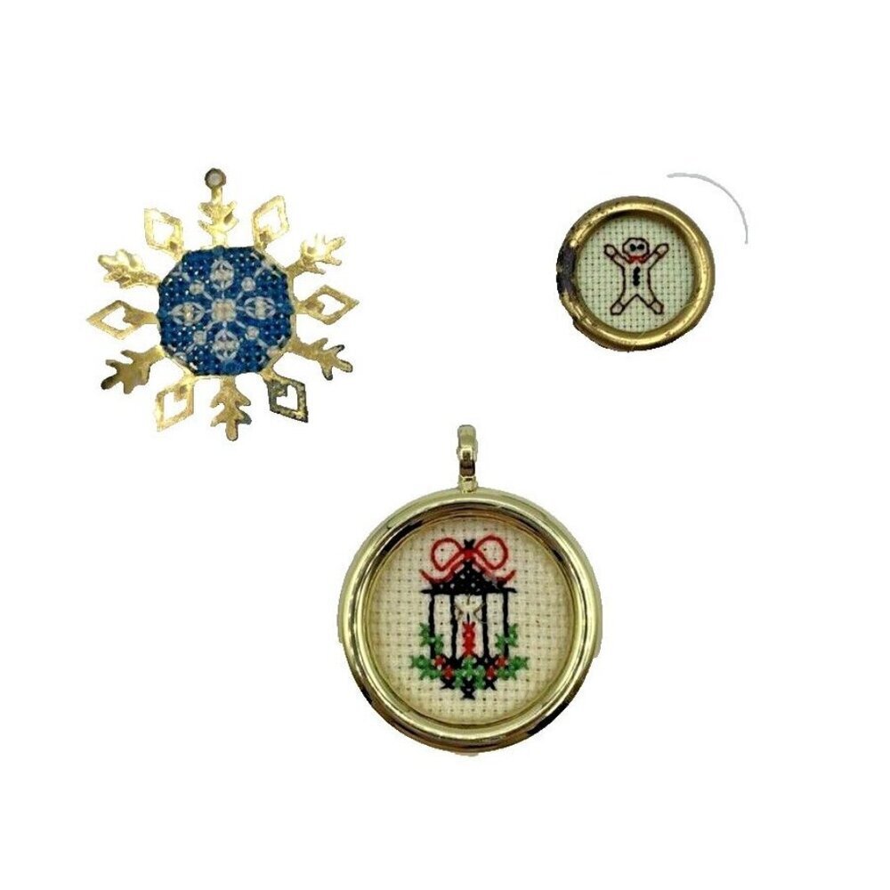 Vintage Gold Tone Framed Cross Stitch Christmas Ornaments Handmade Lot 3 Retro